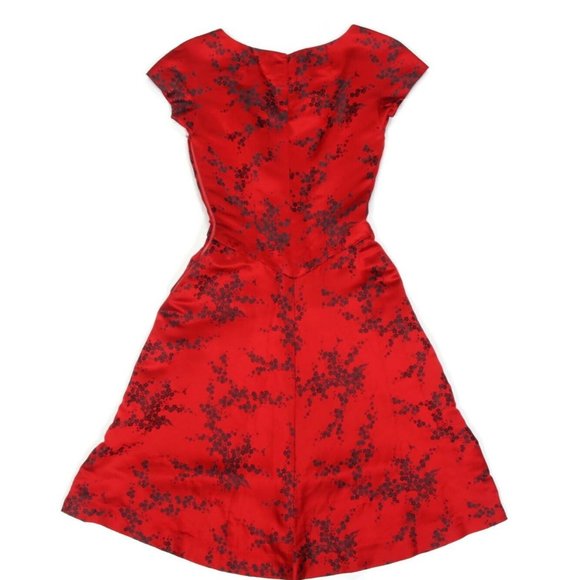 Vintage 60's Hong Kong Red Chinese Floral Fitted Darted Swing Dresss size XS /78 - Picture 3 of 4